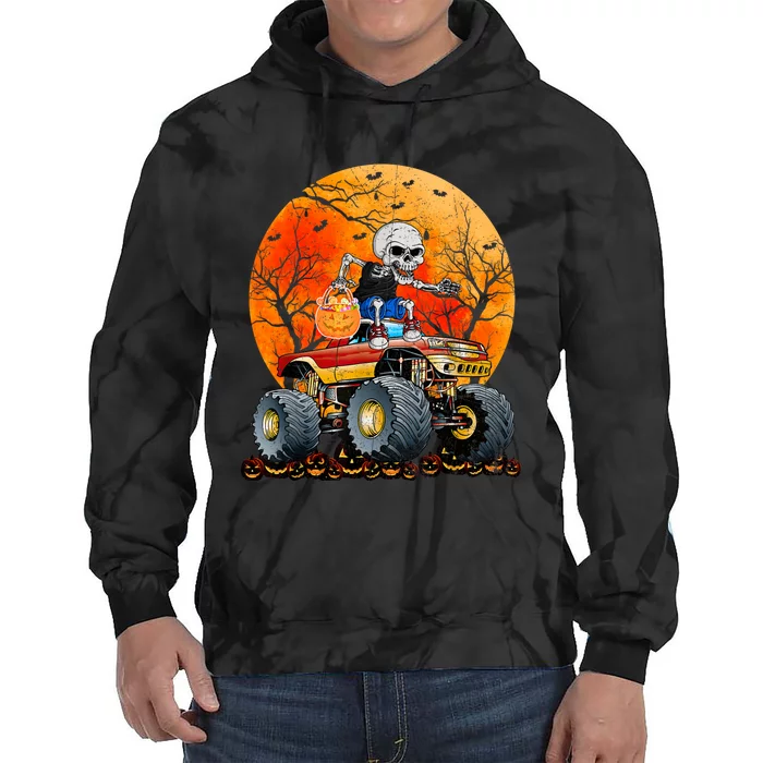 Skeleton Monster Truck Moon Candy Halloween Tie Dye Hoodie