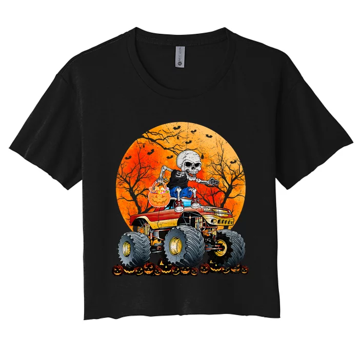 Skeleton Monster Truck Moon Candy Halloween Women's Crop Top Tee