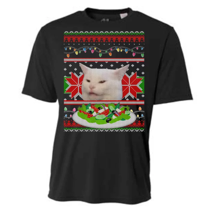 Smug Table Cat Meme Ugly Christmas Cooling Performance Crew T-Shirt