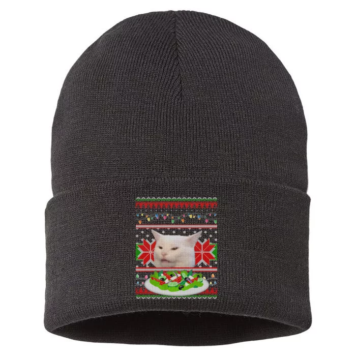 Smug Table Cat Meme Ugly Christmas Sustainable Knit Beanie