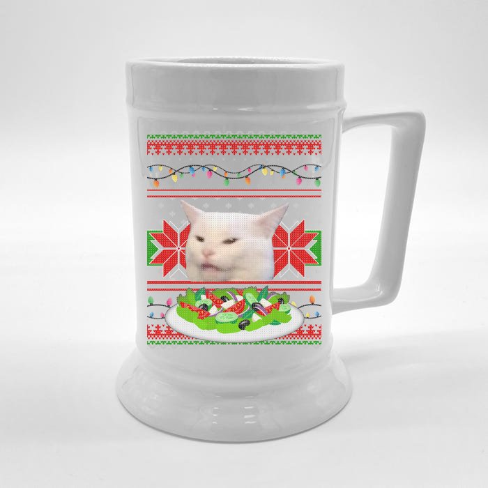 Smug Table Cat Meme Ugly Christmas Front & Back Beer Stein