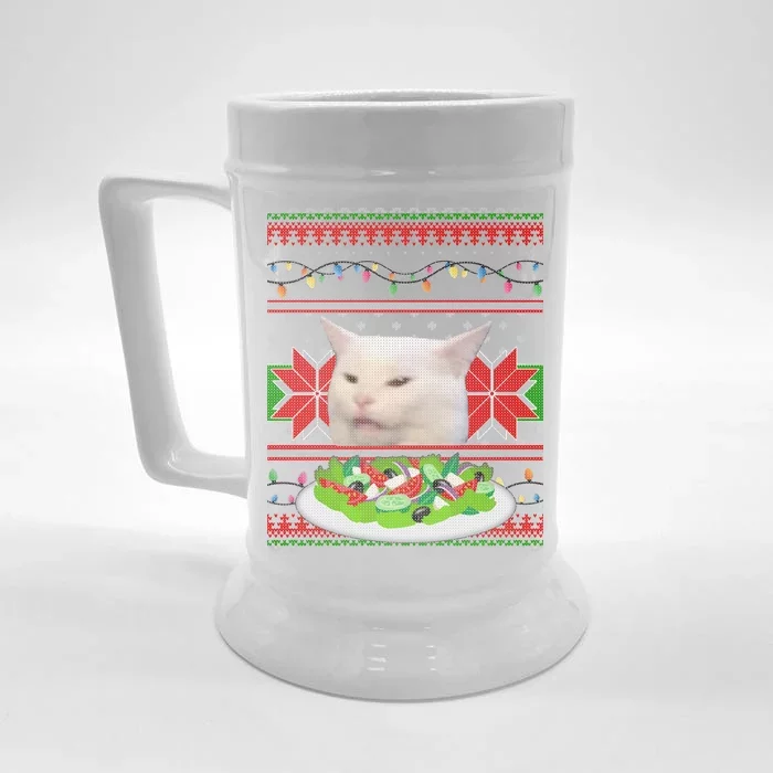 Smug Table Cat Meme Ugly Christmas Front & Back Beer Stein