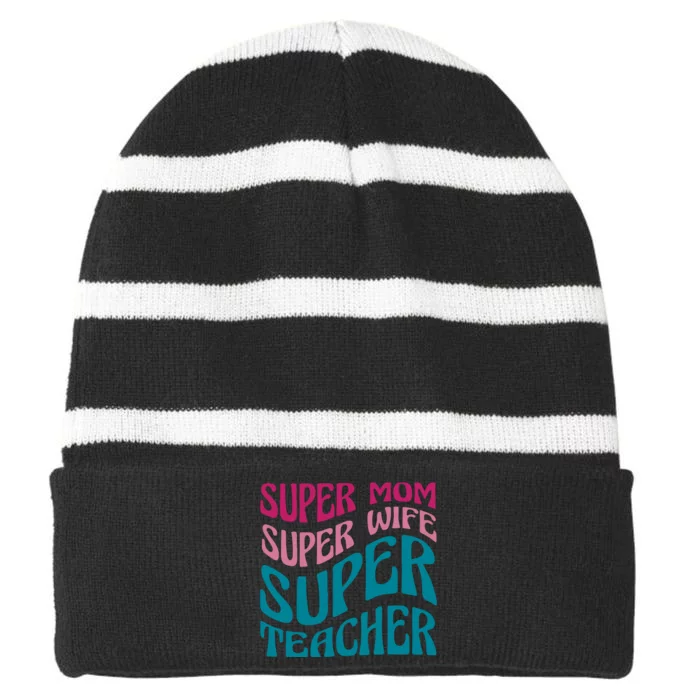 Super Mom Wife Teacher Mother's Day Gift Striped Beanie with Solid Band