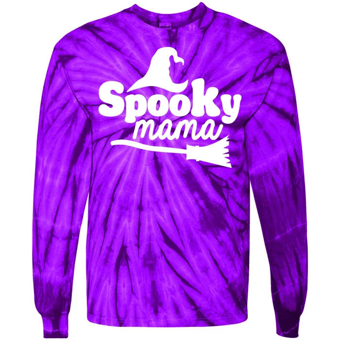 Spooky Mama Witch Broom Halloween Tie-Dye Long Sleeve Shirt