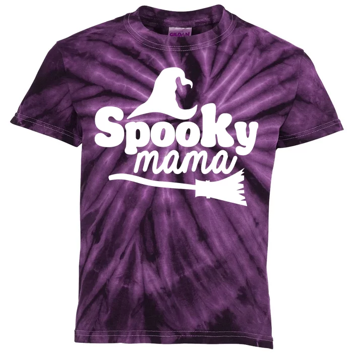 Spooky Mama Witch Broom Halloween Kids Tie-Dye T-Shirt