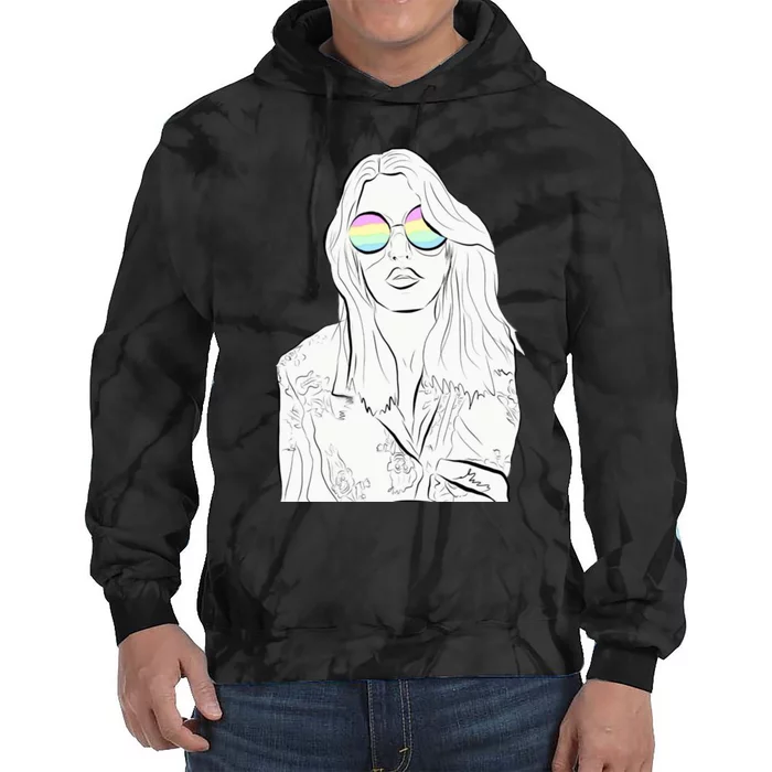 Stylish Minimalist Womans Face With Rainbow Sunglasses Tie Dye Hoodie