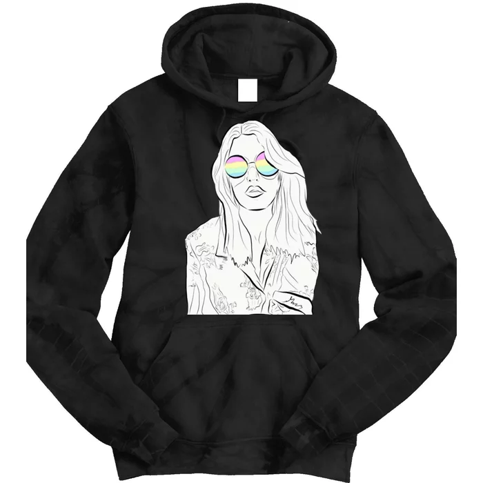 Stylish Minimalist Womans Face With Rainbow Sunglasses Tie Dye Hoodie