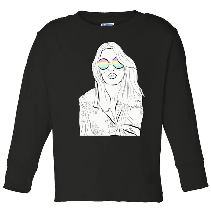 Stylish Minimalist Womans Face With Rainbow Sunglasses Toddler Long Sleeve Shirt