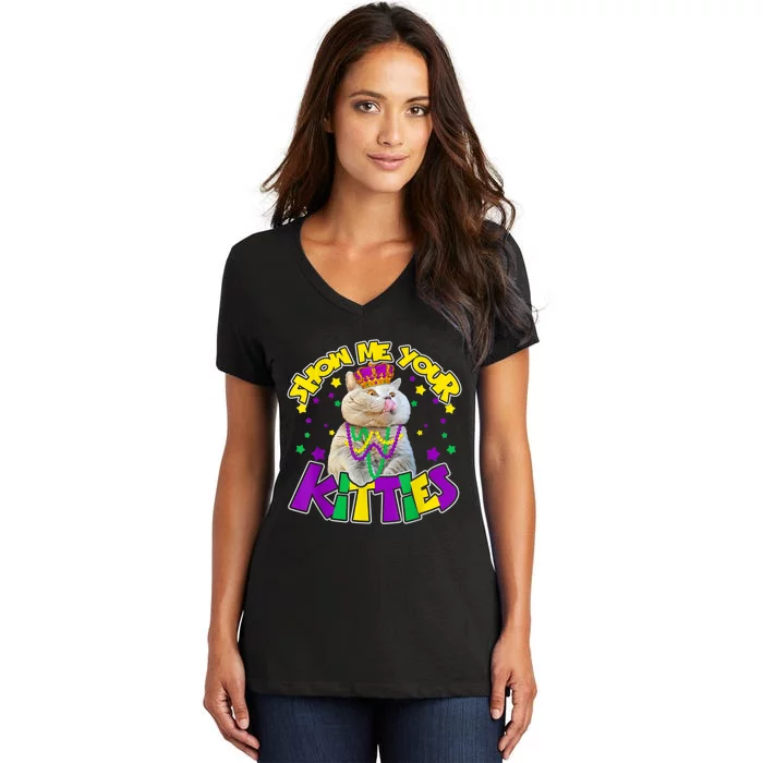 Show Me Your Kitties Mardi Gras Party Cat Women's V-Neck T-Shirt