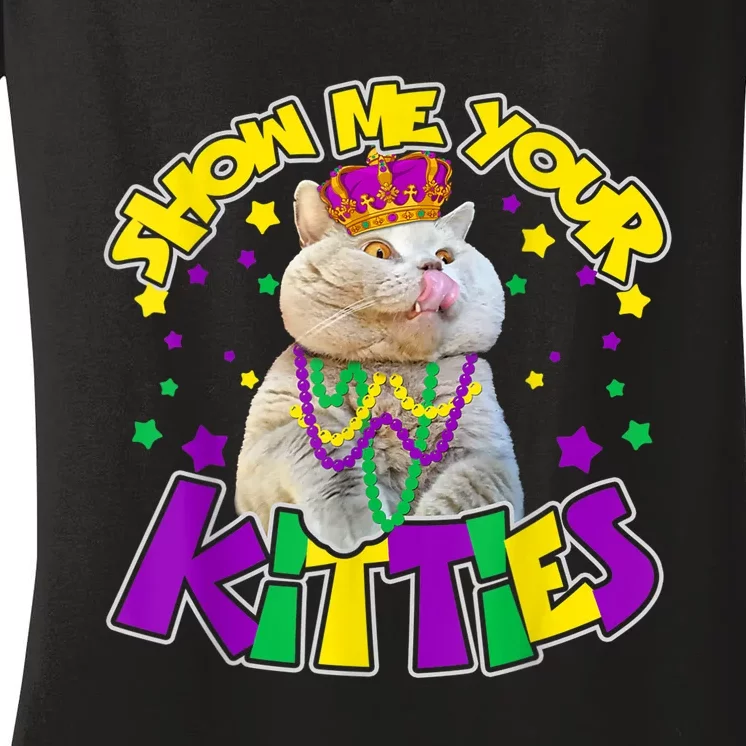 Show Me Your Kitties Mardi Gras Party Cat Women's V-Neck T-Shirt