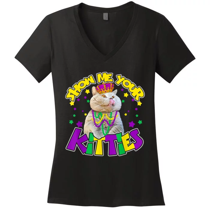 Show Me Your Kitties Mardi Gras Party Cat Women's V-Neck T-Shirt