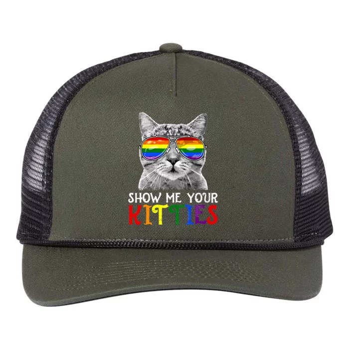 Show Me Your Kitties Proud Ally Cat Lover Lgbt G.A.Y Pride Retro Rope Trucker Hat Cap