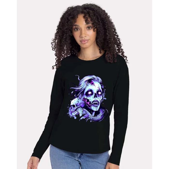 Scary Mermaid Zombie Creepy Adult Halloween Mermaid Art Womens Cotton Relaxed Long Sleeve T-Shirt