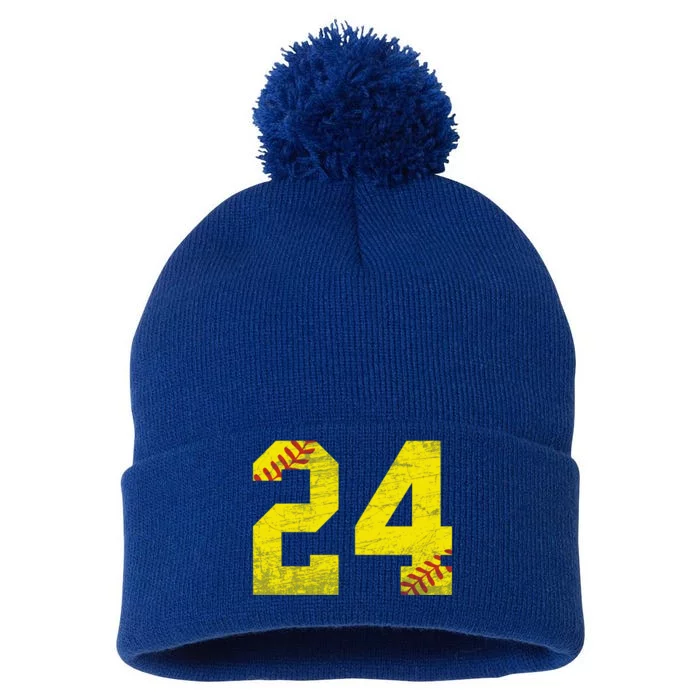 Softball Number #24 Softball Lover Vintage Retro Cute Gift Pom Pom 12in Knit Beanie