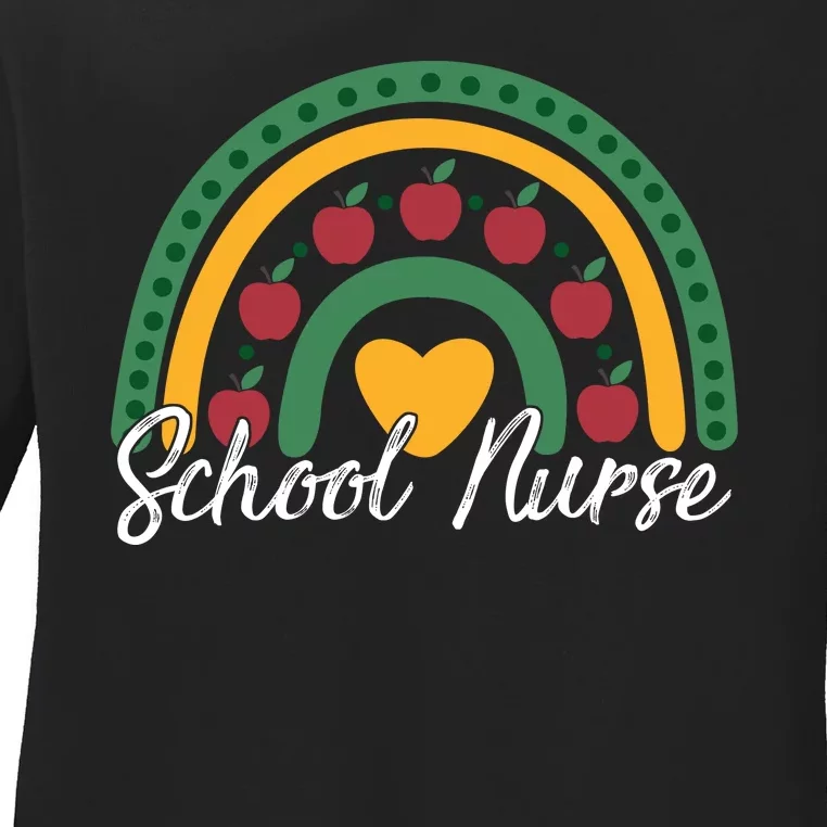 School Nurse Apple Rainbow Heart Ladies Long Sleeve Shirt