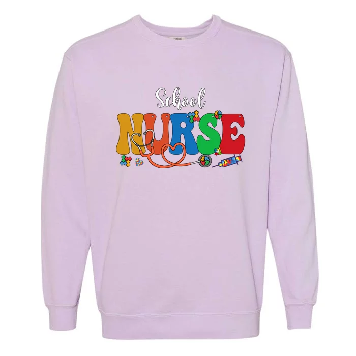 School Nurse Autism Day Love Heart Stethoscope Rn Nurse Mom Great Gift Garment-Dyed Sweatshirt