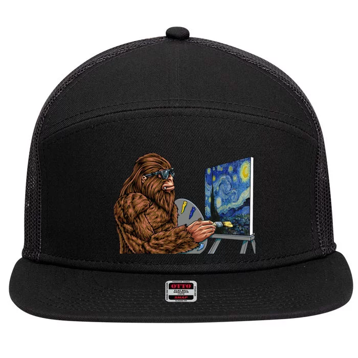 Starry Night Bigfoot Painting Funny Sasquatch Graphic Art 7 Panel Mesh Trucker Snapback Hat