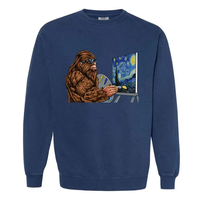 Starry Night Bigfoot Painting Funny Sasquatch Graphic Art Garment-Dyed Sweatshirt