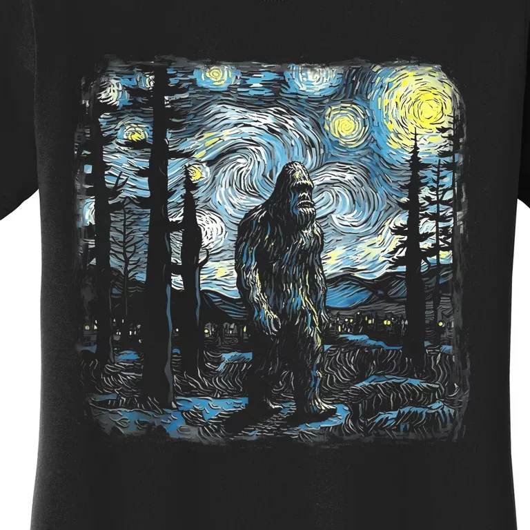 Starry Night Bigfoot Funny Sasquatch Van Gogh Women's T-Shirt