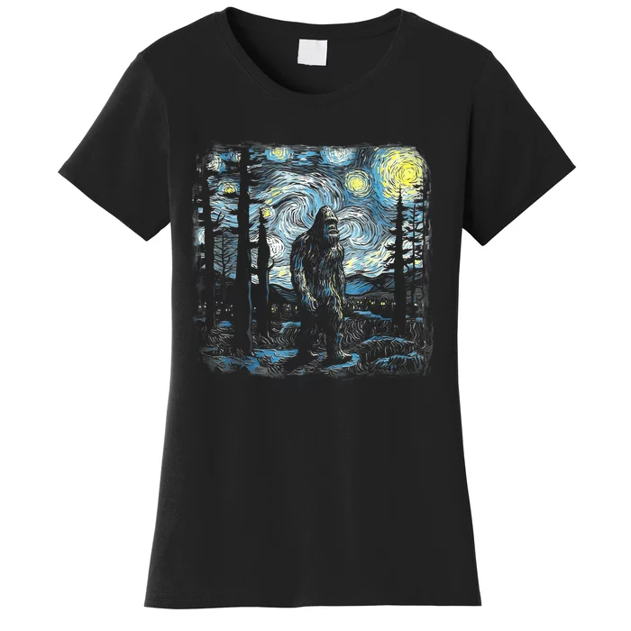 Starry Night Bigfoot Funny Sasquatch Van Gogh Women's T-Shirt