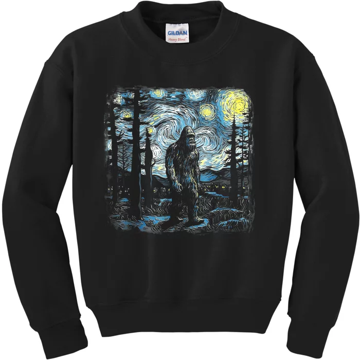 Starry Night Bigfoot Funny Sasquatch Van Gogh Kids Sweatshirt