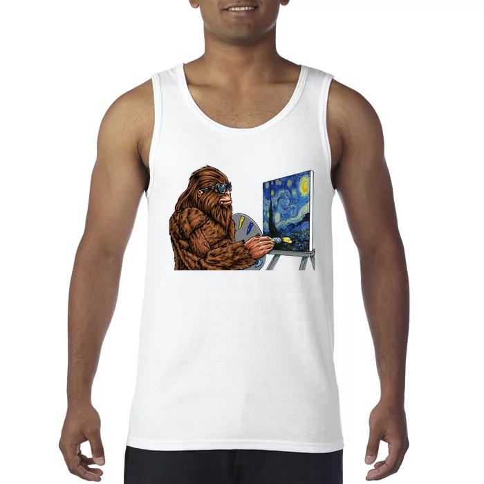 Starry Night Bigfoot Painting Funny Sasquatch Graphic Art Tank Top