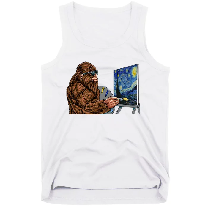 Starry Night Bigfoot Painting Funny Sasquatch Graphic Art Tank Top