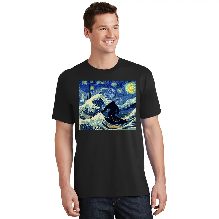 Starry Night Bigfoot Surfing Great Wave Off Kanagawa T-Shirt