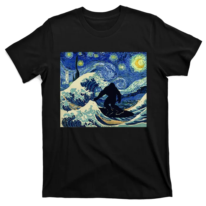 Starry Night Bigfoot Surfing Great Wave Off Kanagawa T-Shirt