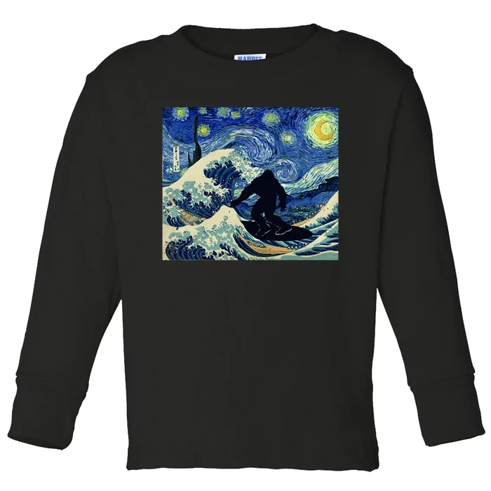 Starry Night Bigfoot Surfing Great Wave Off Kanagawa Toddler Long Sleeve Shirt