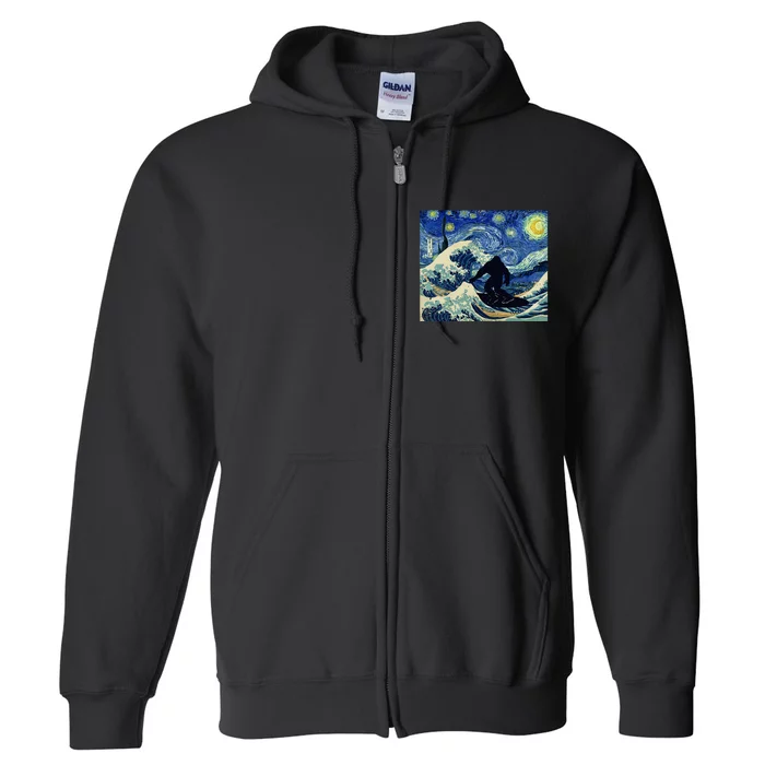 Starry Night Bigfoot Surfing Great Wave Off Kanagawa Full Zip Hoodie