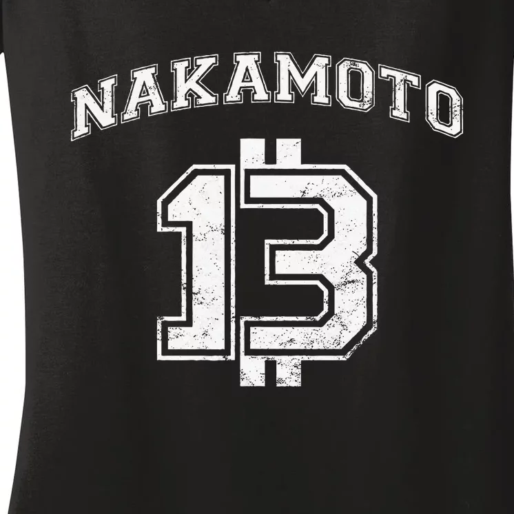 Satoshi Nakamoto Bitcoin Logo College Team Style Distressed Women's V-Neck T-Shirt