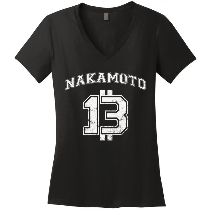 Satoshi Nakamoto Bitcoin Logo College Team Style Distressed Women's V-Neck T-Shirt