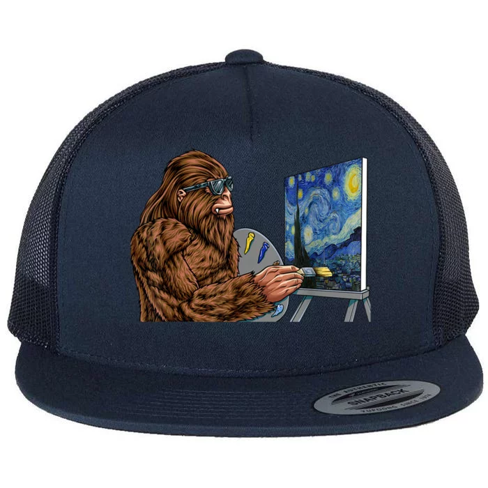 Starry Night Bigfoot Painting Funny Sasquatch Graphic Art Flat Bill Trucker Hat