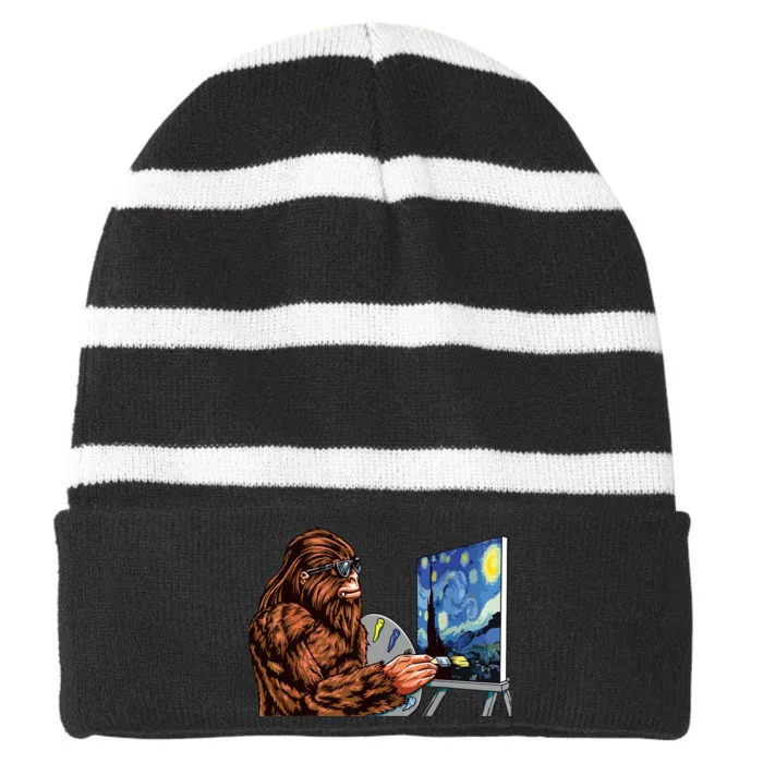 Starry Night Bigfoot Painting Funny Sasquatch Graphic Art Striped Beanie with Solid Band