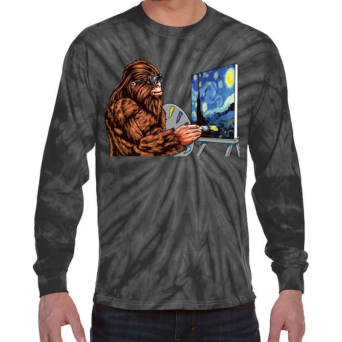 Starry Night Bigfoot Painting Funny Sasquatch Graphic Art Tie-Dye Long Sleeve Shirt