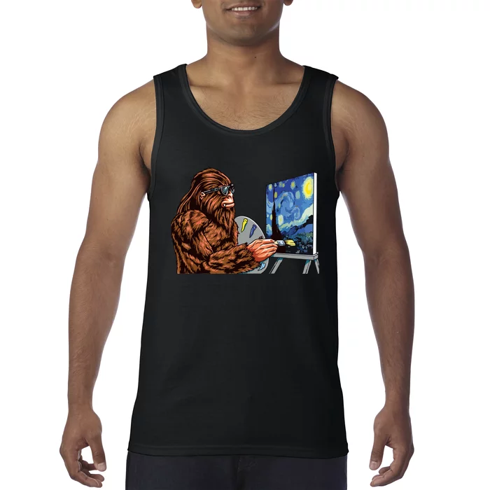 Starry Night Bigfoot Painting Funny Sasquatch Graphic Art Tank Top