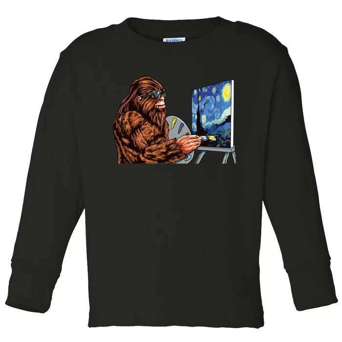 Starry Night Bigfoot Painting Funny Sasquatch Graphic Art Toddler Long Sleeve Shirt