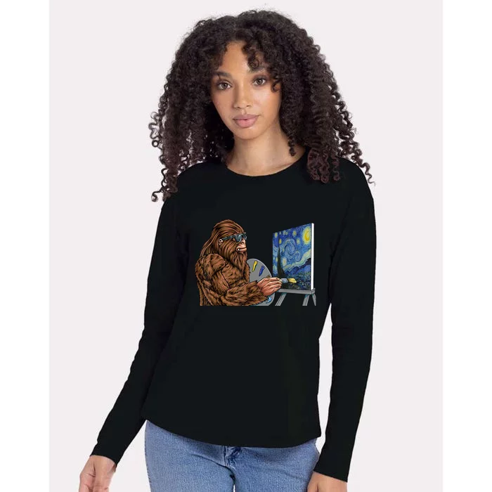 Starry Night Bigfoot Painting Funny Sasquatch Graphic Art Womens Cotton Relaxed Long Sleeve T-Shirt