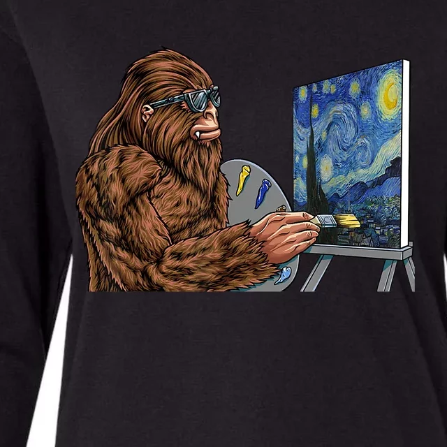 Starry Night Bigfoot Painting Funny Sasquatch Graphic Art Womens Cotton Relaxed Long Sleeve T-Shirt