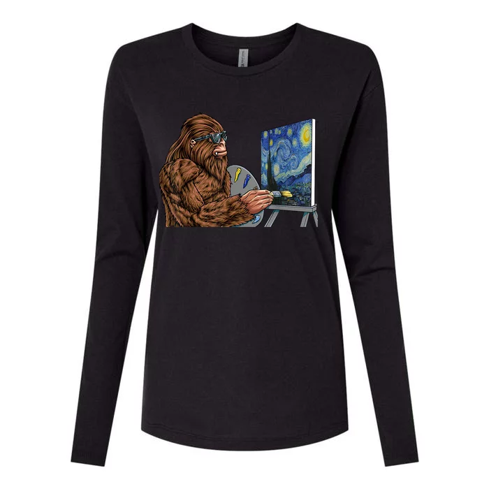 Starry Night Bigfoot Painting Funny Sasquatch Graphic Art Womens Cotton Relaxed Long Sleeve T-Shirt