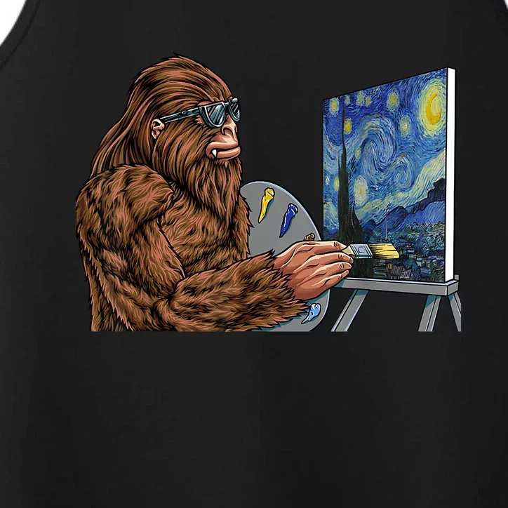 Starry Night Bigfoot Painting Funny Sasquatch Graphic Art Performance Tank