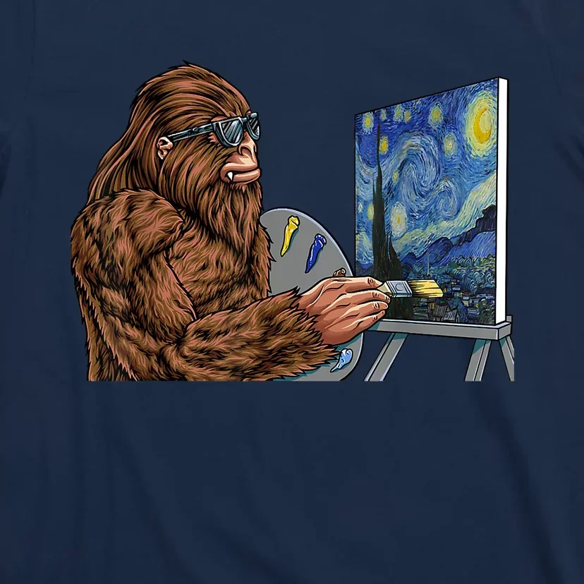 Starry Night Bigfoot Painting Funny Sasquatch Graphic Art T-Shirt