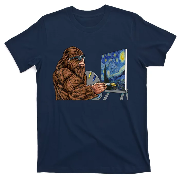 Starry Night Bigfoot Painting Funny Sasquatch Graphic Art T-Shirt