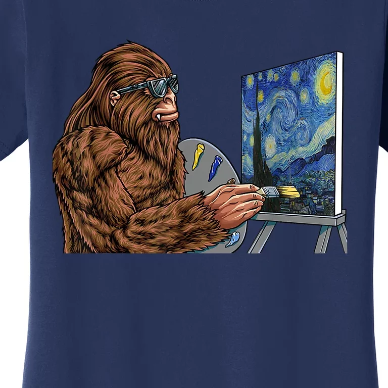 Starry Night Bigfoot Painting Funny Sasquatch Graphic Art Women's T-Shirt