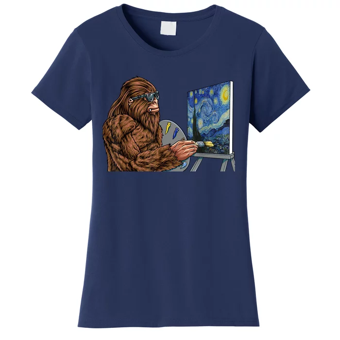 Starry Night Bigfoot Painting Funny Sasquatch Graphic Art Women's T-Shirt