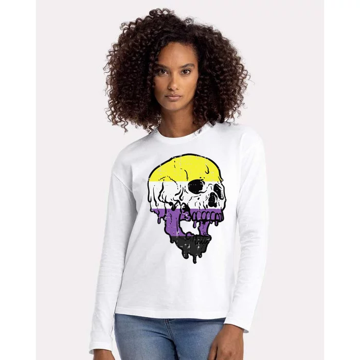 Skull Non Binary Enby Pride Lgbtq Womens Cotton Relaxed Long Sleeve T-Shirt