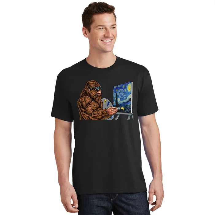 Starry Night Bigfoot Painting Funny Sasquatch Graphic Art T-Shirt