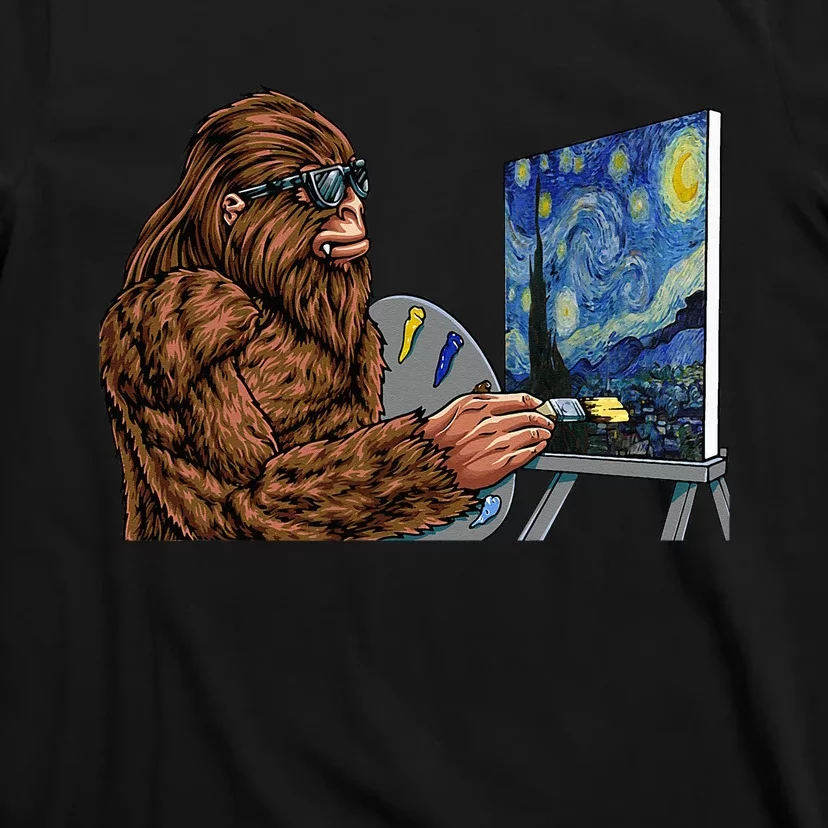 Starry Night Bigfoot Painting Funny Sasquatch Graphic Art T-Shirt