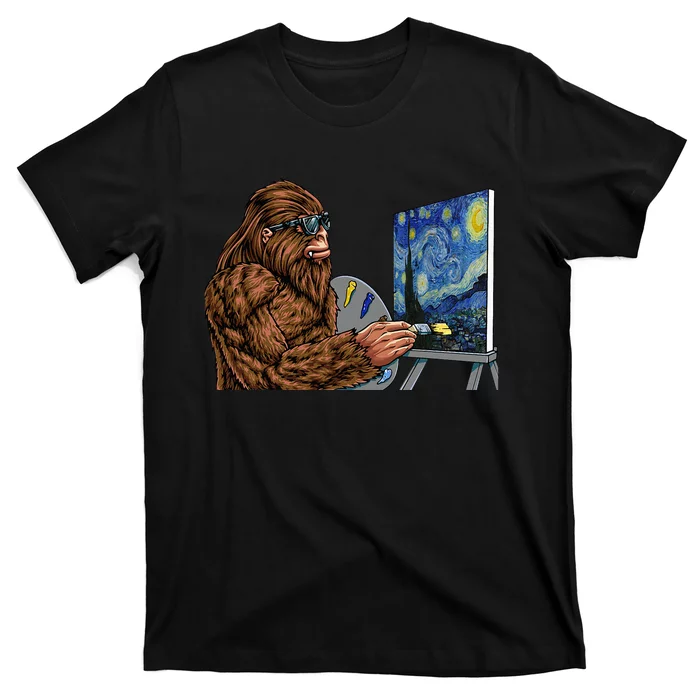 Starry Night Bigfoot Painting Funny Sasquatch Graphic Art T-Shirt